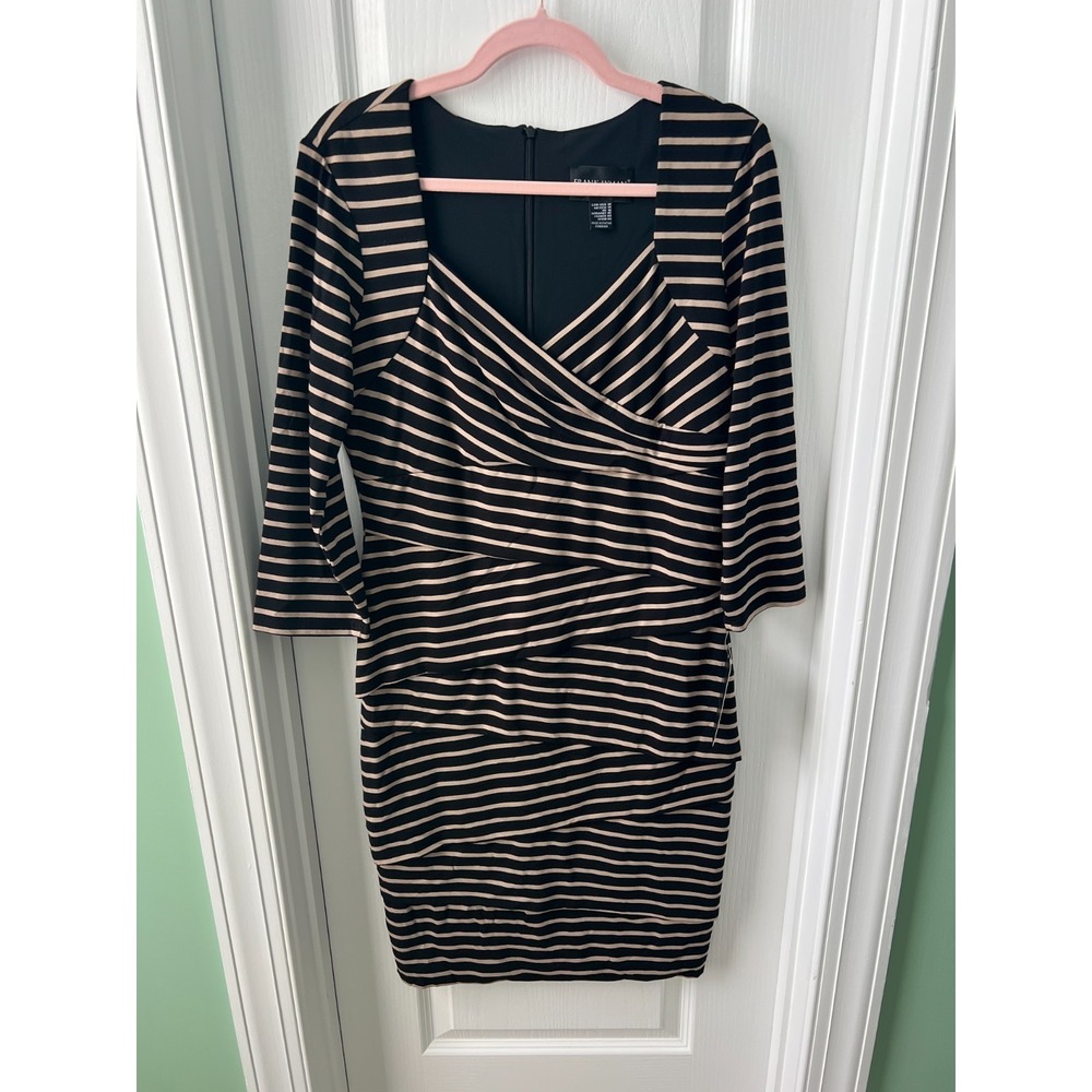 Frank Lyman Womens Dress Black Taupe Striped Stretchy Style 43418 Size 14 NEW‎